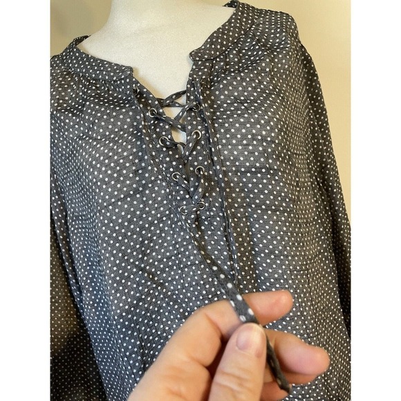 Womens Plus 2X Boho Career Casual Grey Polk Dot Bell Sleeve Lace Up Neck Blouse - Picture 5 of 13